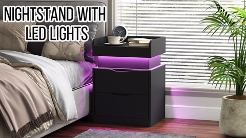 Modern Nightstand with Sliding Top, Night Stand with Charging Station and LED Lights, Bedside Table with 2 Drawers, End Side Table for Bedroom, Living Room, Office, Black