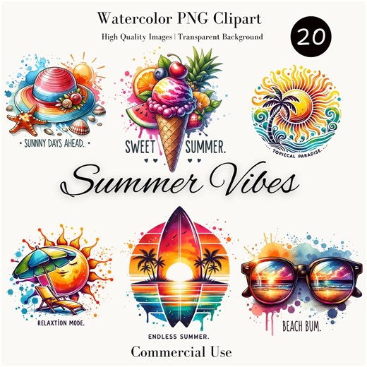 Summer Vibes Watercolor PNG Clipart – Summer Ice Cream Beach Clip Art, Tropical Paradise Digital Download, Sunny Beach Day Art - Etsy