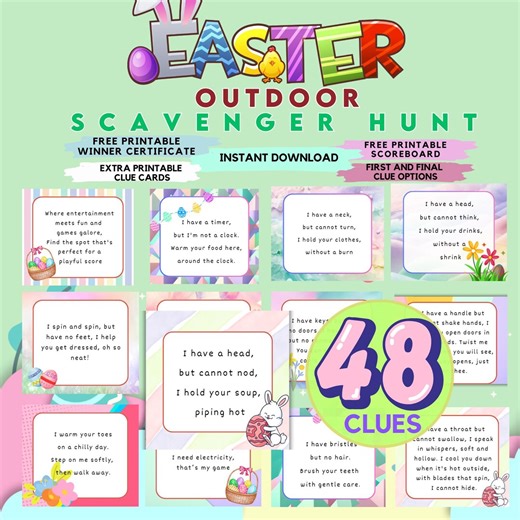 Easter Outdoor Scavenger Hunt - 48 Printable Clues for Kids | Fun Egg Hunt Game | Certificates & Scoreboard | Instant Download PDF - Etsy UK