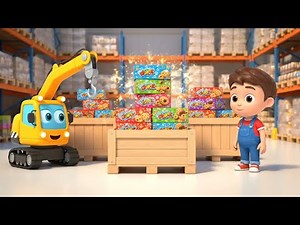La grue rigolote soulève des boîtes de biscuits | comptine enfant amusante et aventure de chantier