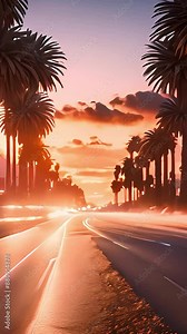 Palm Trees and Moving Cars Creating a Blurred Backdrop. Concept LA Sunset, Palm Trees, Moving Cars, Blurred Backdrop, Urban Photography