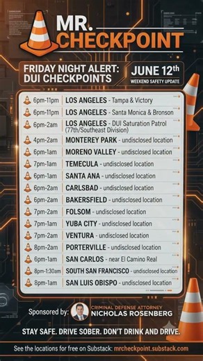 DUI Checkpoints Friday June 12th 2026