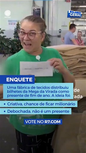Uma empresa de Santa Catarina surpreendeu os funcionários com um presente de fim de ano diferente. Em vez da tradicional confraternização, a companhia distribuiu mais de dois mil bilhetes da Mega da Virada para os colaboradores. A ação foi realizada por uma das maiores empresas do setor têxtil do estado, que comprou os bilhetes em uma lotérica próxima à sede e fez a entrega para os funcionários. O clima foi de alegria e expectativa, já que os colaboradores agora concorrem ao maior prêmio da hist
