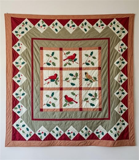 Vintage Cardinal Holly Quilt Printed Birds Christmas Holiday Red Green Queen Handmade Wall Hanging - Etsy