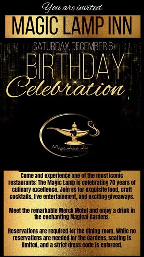 Magic Lamp Restaurant on Instagram: "Join us this Saturday to celebrate 70 magical years in Rancho Cucamonga!! Doors will open at 4 PM, reservations are required for dining. DRESS CODE ENFORCED #ranchocucamonga #magiclampinn #cocktails #steakhouse #iconic #finedining #livemusic #birthdaycelebration♥️"