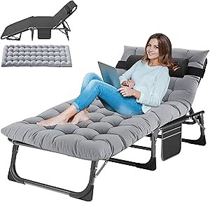 LILYPELLE Folding Outside Chaise Lounge Chair with Mattress, 5 Position Adjustable Patio Folding Lounge Chair Reclining Chairs Perfect for Sunbathing, Camping, Pool, Beach, Patio