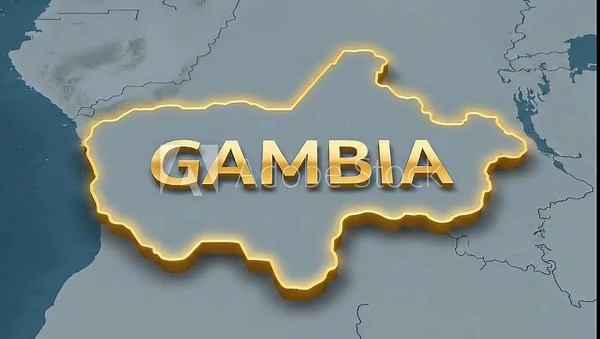 Detailed Digital Map of Gambia's Geographic Outline An Informative and Eye-Catching Depiction Highlighting the Country's Borders, Location, and Name in an Attractive Visual Representation
