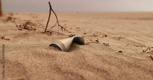 Trash in desolate territory close-up, landscape after nuclear warfare