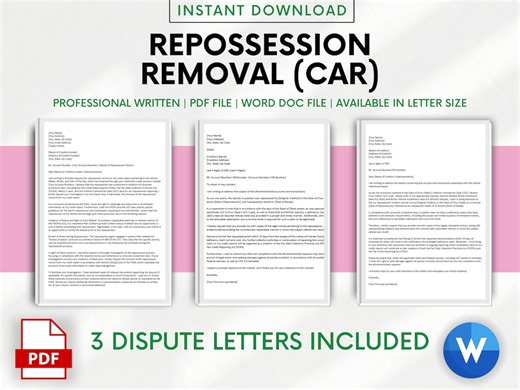 Car Repossession Removal Credit Dispute Letter Template (word & PDF) - Etsy