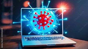 This is an illustration of a laptop with a red virus on the screen. The virus is surrounded by a blue circle with lines extending in all directions.
