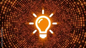 White light bulb icon form gold binary tunnel on black background. Concepts and ideas. Seamless loop. More icons and color options available in my portfolio.