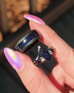 Starry Night Couples Ring Set- Galaxy Sandstone His and Hers Rings- Night Court Cosmic Wedding Band- 925 Sterling Silver/ Tungsten Carbide - Etsy