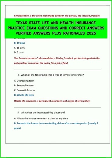 TEXAS STATE LIFE AND HEALTH INSURANCE PRACTICE EXAM QUESTIONS AND CORRECT ANSWERS VERIFIED ANSWERS P