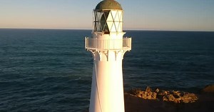 Drone shot of Castle point lighthouse sunset