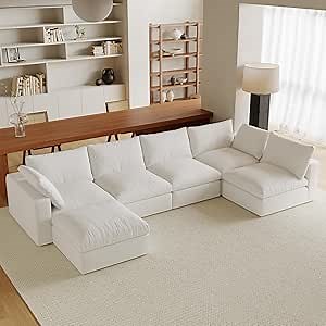 Acanva Modular U-Shaped Sectional Cloud Couch, Free Combination Minimalist Sofa, Convertible to DayBed with Shredded Latex Filled Cushion and Removable Slipcovers for Living Room, 5 Seater + Ottoman
