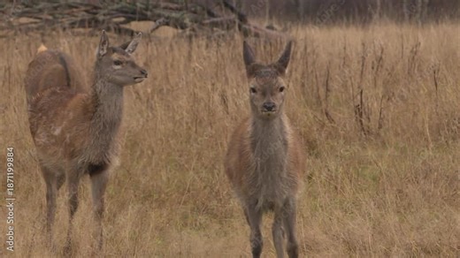 A reindeer farm grazing in an open field. Deer breeding as a source of meat and medicines.