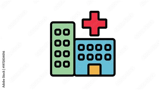 Animated large hospital building complex icon with red cross for medical infrastructure and emergency services.