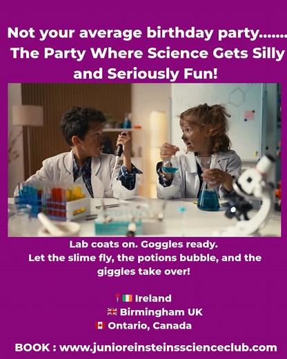 🎉 The Party Where Science Gets Silly — and Seriously Fun! 😄 Lab coats on. Goggles ready. Let the slime fly, the potions bubble, and the giggles take over! Junior Einsteins Science Parties aren’t your average birthday — they’re unforgettable science adventures where your child is the star 💥 ✅ Explosions & slime ✅ Laugh-out-loud experiments ✅ Real lab gear, real joy ✅ No screens — just smiles! 📍🇮🇪 Ireland | 🇬🇧 UK | 🇨🇦 Canada 🎈 Book now before dates vanish like smoke rings! 👉 www.junior