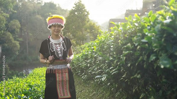 Portrait of Happy Asian woman farmer working and growing tea plant on the mountain in Thailand. Hill tribes women farm worker in traditional clothing harvesting organic tea leaves at tea plantation.