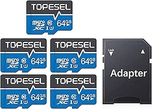 TOPESEL 5-Pack 64GB Micro SD Card Class 10 Micro-SDXC Memory Card UHS-I, High Speed Flash TF Card for Security Camera/Smartphone/Drone/Dash Cam/Tablet/PC, C10, U1, 64GB 5Pack