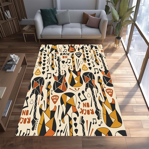 Retro Rock Guitar Pattern Rug Music Notes Abstract Geometric Area Rug Decor - Etsy