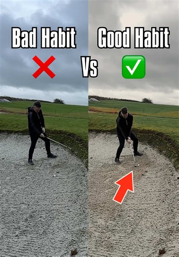 Bunker Lip: Bad vs Good | This bunker shot catches so many golfers out ⛳️ Flicking the hands exposes the leading edge. Open face. Commit. Keep turning. Bad habit vs good habit. Hit that button for more.. 👌🏻 #golf #fyp #shortgame #golfcoach #golftok
