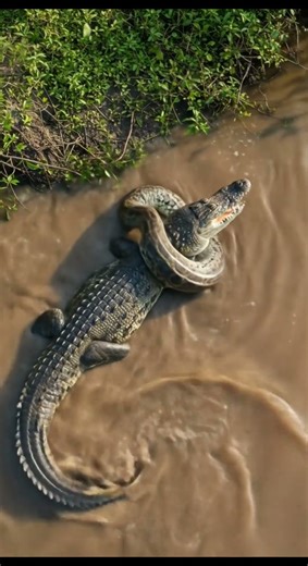 A big python Wrapping A Crocodile in river #animallife #baffalo #python #crocodiles