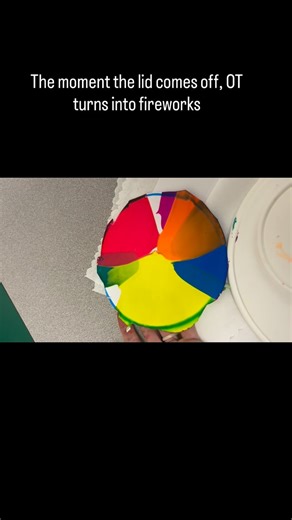 @playbasedschoolot on Instagram: "A fun new years fireworks activity that all the kids loved! Squeezing paint bottles addresses hand strength, grasp development, and finger isolation, which are foundational skills for handwriting endurance, pencil control, and tool use. Placing the paper inside the spinner and securing the lid requires bilateral coordination, midline crossing, and motor planning, as students must sequence steps and use both hands in a coordinated manner to complete the task. Ope