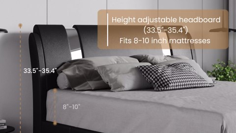 SHA CERLIN Modern Faux Leather Queen Bed Frame with Adjustable Headboard and Iron Accents, Deluxe Upholstered Platform Bed with Solid Wooden Slats Support/No Box Spring Needed, Black