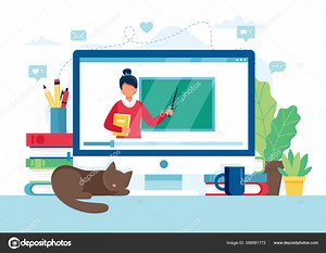 Online learning concept. Screen with female teacher and chalkboard, video lesson. Vector illustration in flat style