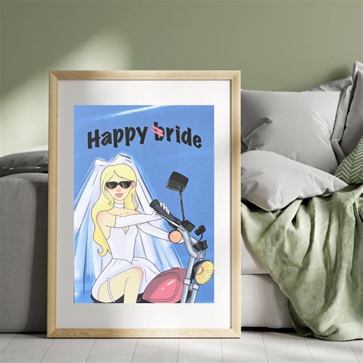 Biker Girl Print A4, Cool Motorcycle Wall Art, Edgy Girl Poster, Funny Bride Illustration, Blue Motorbike Art - Etsy