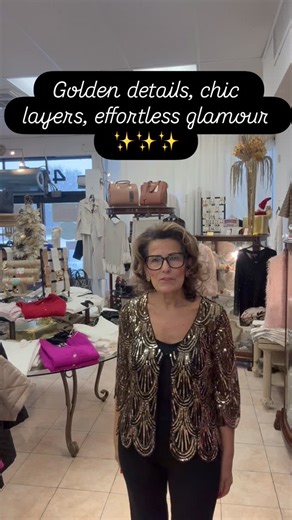 Creations Georgianni Inc. on Instagram: "✨Golden glamour for the season✨ A striking evening jacket with a rich background, embellished with shimmering gold sequins, and finished with a chic scalloped hem! Paired with a simple black camisole and tailored trousers, and the final touch, earrings from our Creations Georgianni collection, made with Golden Shadow Swarovski crystals. Perfect Christmas gift ideas!🎄🎁✨Info, 450-973-2807, shop at 4357 Notre Dame Lava, H7W 1T3 #creationsgeorgianni #montre