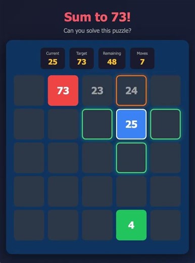 Fun Sum to 73! #riddle #game #games #puzzle #funny #puzzlegame #gridgame #braingames #brainteaser