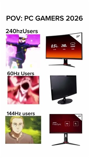 POV: Gamers in 2026 😂 240Hz vs 60Hz vs 144Hz