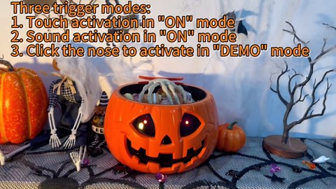 Sinkoo Animated Halloween Candy Bowl Decorations, Motion Activated Pumpkin Candy Bowl with Creepy Sound, Skull Hand, Glowing Eyes, Indoor Porch Decor