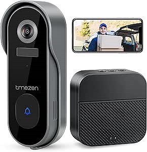 TMEZON Doorbell Camera Wireless, Smart Video Doorbell with Chime for Home Security, 2K Night Vision, PIR Motion Detection, Battery Powered, 2.4ghz WiFi