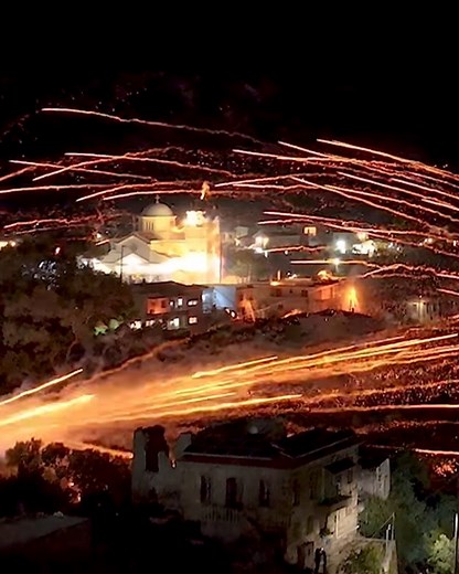 Rouketopolemos "ROCKET WAR" is a Greek tradition held annually during Orthodox Easter in the town of Vrontados on the island of Chios. While most places celebrate with fireworks during church services at midnight before Easter Sunday, Vrontados takes it to another level. Two rival church congregations engage in a "rocket war," launching tens of thousands of homemade rockets at each other's bell towers. These rockets, crafted from wooden sticks and packed with gunpowder are fired from specially d