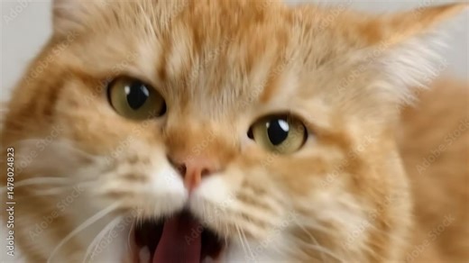 Close-up of ginger cat face with expressive wide-open mouth showing teeth, tongue, whiskers and green eyes looking directly at camera
