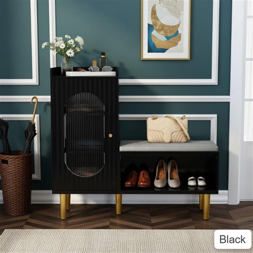 Storage Bench With Glass Door Padded Seat Shoe Cabinet - Etsy