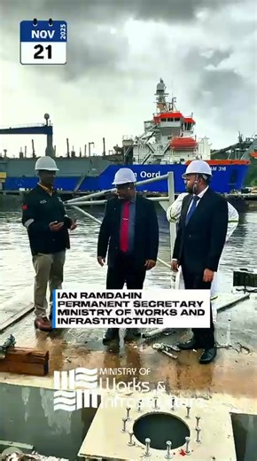 🚢 APT James Begins Scheduled Maintenance on the AMT Goliath ⚓ The APT James officially arrived on the heavy-lift barge, the AMT Goliath on November 20, 2025. It is the first vessel to be serviced on the new barge at the National Marine Maintenance Services Company Limited (NMMSCL). The introduction of the AMT Goliath marks a significant step forward in strengthening Trinidad and Tobago’s maritime sector, as it provides advanced ship repair, maintenance and servicing capacity. Officials of the M