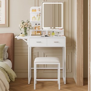 Fairy White Makeup Vanity Desk with Mirror, Lights, Power Outlet, Chair & Storage Drawer