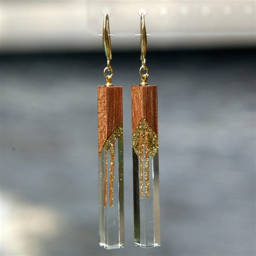 Mahogany and Clear Resin Earrings: Handmade Boho Wood Resin Jewelry, Gold Plated Hooks, - Etsy