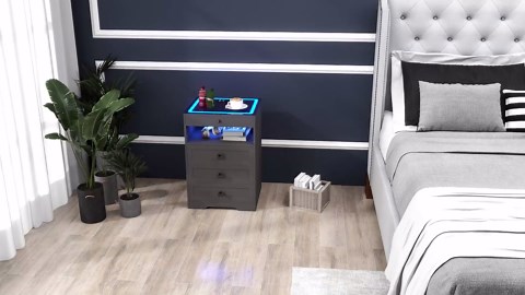 Nightstand Set 2 with Lockable Gun Drawer,Farmhouse Bedside Table with Charging Station and 3 LED Lights, Modern Night Stand with 3 Drawers,Glass Top End Side Table for Bedroom（Grey）