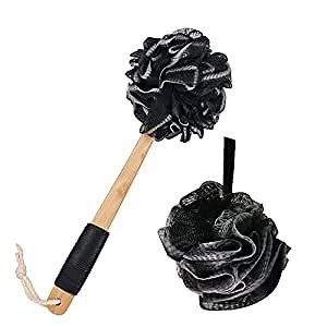Loofah Sponge Bath Body Brush Back Scrubber with Long Wooden Handle, Handheld Luffa Pouf on a Stick for Body, Perfect for Exfoliating, Detox, Cellulite, Blood Circulation