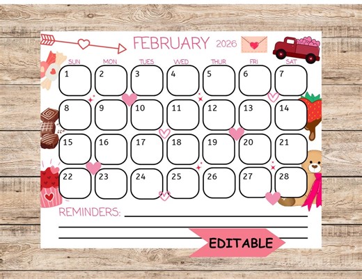 Editable February Calendar 2026: Valentines Day Monthly Planner Printable for School, Work, Home, and Office (Digital Download)