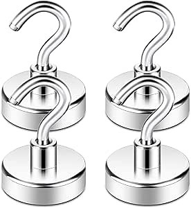 Neosmuk Magnetic Hooks, Heavy Duty Earth Magnets with Hook for Refrigerator, Extra Strong Cruise Hook for Hanging, Magnetic Hanger for Curtain, Grill(Silver White,4 Pack)