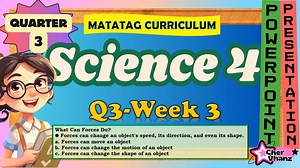 Science 4 Quarter 3 Week 3 - What Can Forces Do, force needed to move an object , effects of pushes and pulls MATATAG PowerPoint Presentation #scienceQ3Week3 For other subjects: https://www.youtube.com/playlist?list=PL2sQ4qR2InyCirN6oR64Sh9jhP2IuKVBQ OBJECTIVES: Learning Competency 2: The learners determine how forces can change the shape of objects, such as when they are pushed, pulled, stretched, bent, twisted, or squeezed; The learners will be able to: 1. Lesson Objective 1: predict the amoun