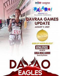 Carla Luardo of Davao from the 'Run with the Best Program' wins the Palaro Elementary Girls 800m. 1. Carla Luardo (XI) 2:31.69 GOLD 2. Karen Bala-an (VI) 2:32.71 SILVER 3. Rica Rile (V) 2:36.55 BRONZE 4. Abigail Laciste (I) 2:36.80 5. Marian Binarao (II) 2:42.27 6. Zybel Catalo (VIII) 2:44.40 7. Althea Jane Dute (IV-A) 2:48.61 8. Keziah Barutag (VII) DNF Results and Info https://www.pinoyathletics.info/palarong-pambansa-2023/ | Pinoy Athletics