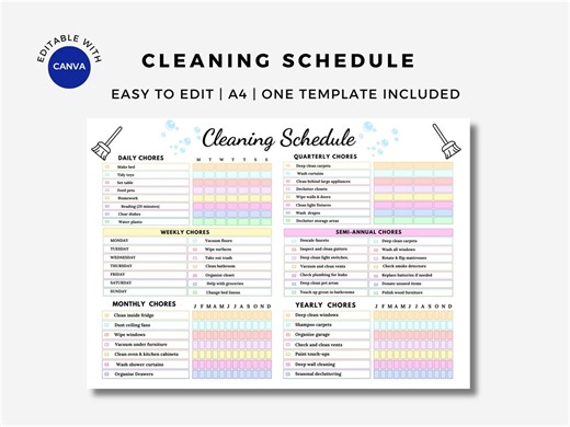 Editable Cleaning Schedule Checklist | Daily Weekly Monthly Yearly Cleaning Planner | Family Cleaning Chart Printable - Etsy