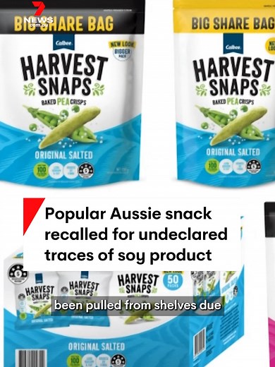 Harvest Snaps Baked Pea Crisps have been urgently recalled from supermarkets and retailers across Australia and online due to undeclared traces of soy. Those with a soy allergy or intolerance could have a reaction to the snack if it is consumed. #recall #healthfood #allergies #7NEWS